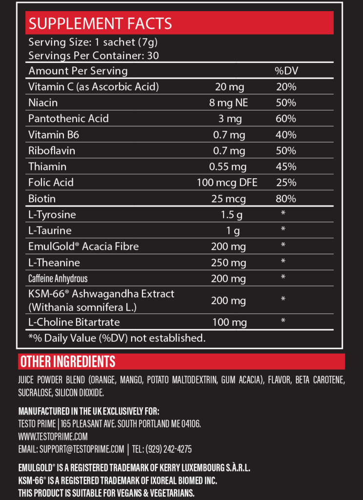 TestoPrime Instant Energy Ingredients